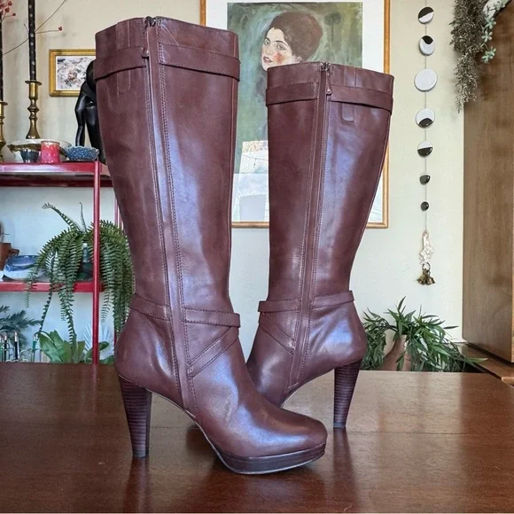 Cole Haan Knee High Boots Brown Leather Nike Air Tall Heeled Boots | Size 7 - Picture 3 of 10